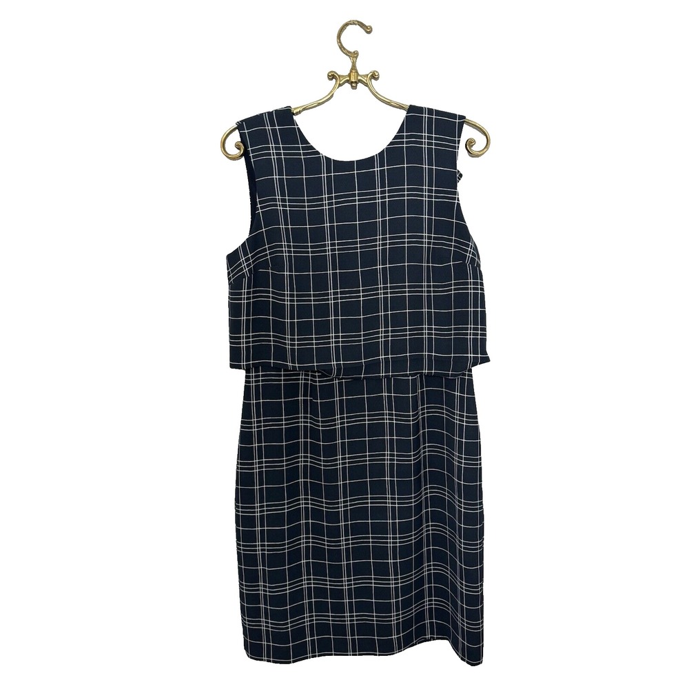 Banana Republic Navy Blue White Windowpane Plaid Ruffle Back Sheath Dress Size 8